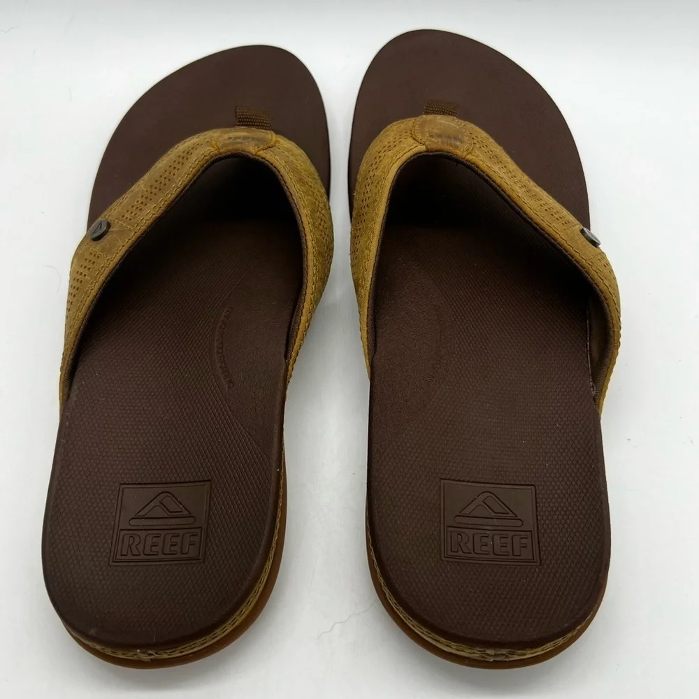 Reef Men’s Tan and Brown Leather Flip-Flops Size 10